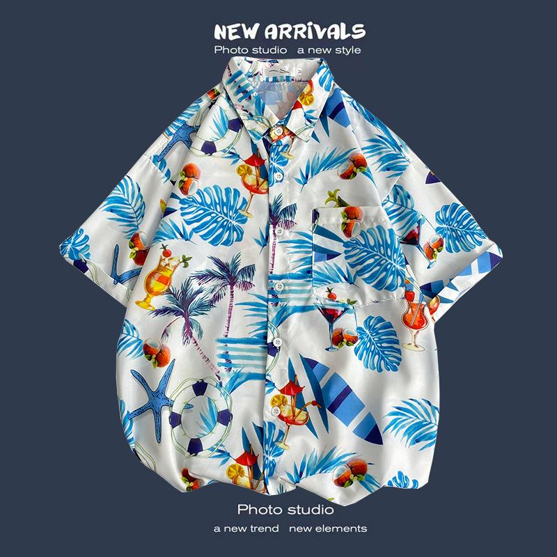 Retro Floral Shirt Blouse for Man Hawaiian Short-sleeved Floral Shirt Men's Loose Trend Couple All-match Five-point Sleeves