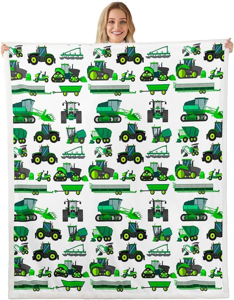 Equipment Trucks Sherpa Blanket Kids Boys Excavators Fleece Throw Blanket for Bed Sofa Couch Children Green Vehicle Plush Blanket Soft Const
