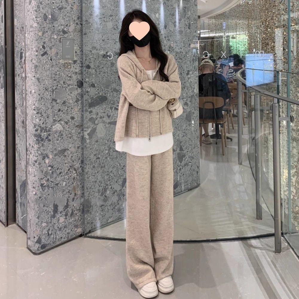 Весна 2025 Женский повседневный костюм-двойка: Кардиган-свитшот из двух частей и брюки широкого кроя