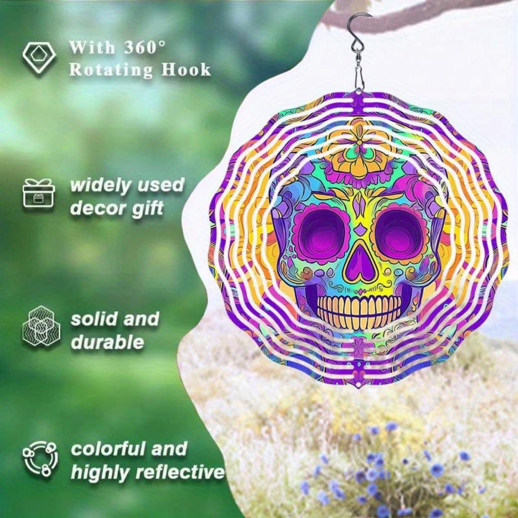 Purple Psychedelic Skull Metal Wind Chime Rotating Hook Colorful Striped Design for Indoor Outdoor Garden Halloween Party Decor Unique Gift Idea