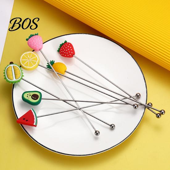 Syrup Mixing Stick Cocktail Stir Stick, Stainless Steel with Durian Pineapple Strawberry Colorful Fruit Decoration Stirrer Watermelon Rubber