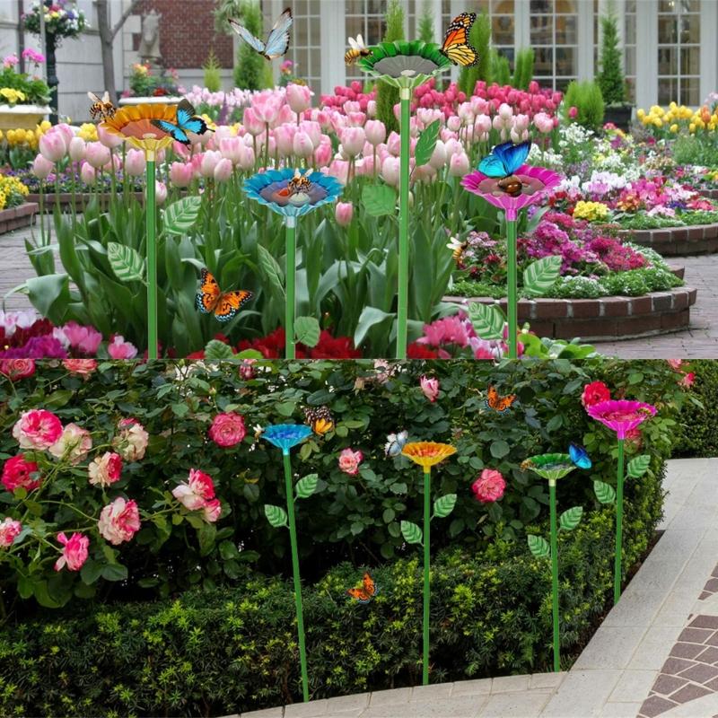 Flower Shape Bees and Butterfly Bath Bowl Watering Stake Watering Station for Garden Backyard Decors Bees Watering Supply