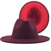 Unisex Outer Wine Red Inner Red Wool Felt Jazz Fedora Hats with Thin Belt Buckle Men Women Wide Brim Panama Trilby Cap 56-60CM