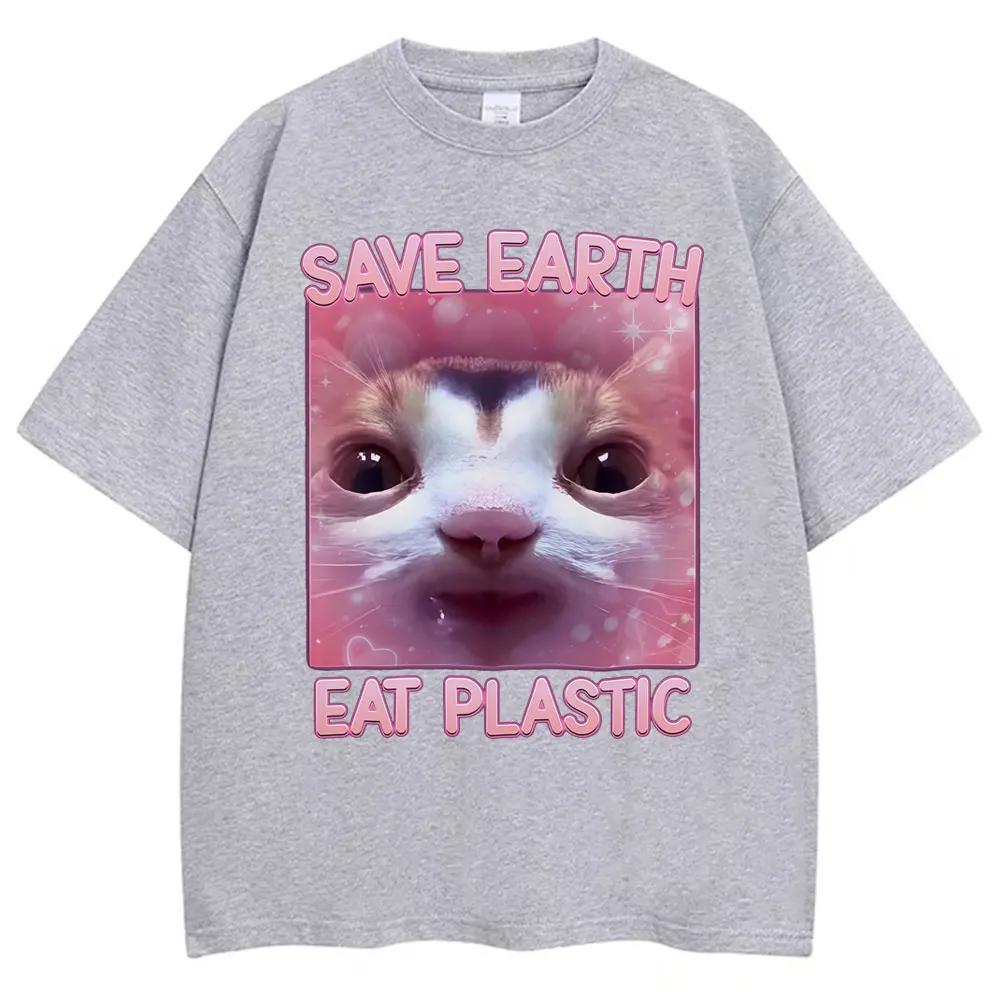 Eating Plastic To Save The Planet Cute Cat Emoji Tshirt Womens Fashionable and Aesthetically Pleasing Casual Summer Cute
