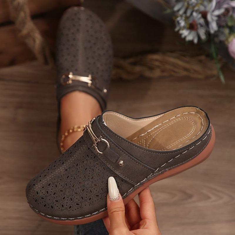 Fashionable Womens Thicksoled Halfslipper Wedge Heel Breathable Hollowedout Largehead Retro Shoes