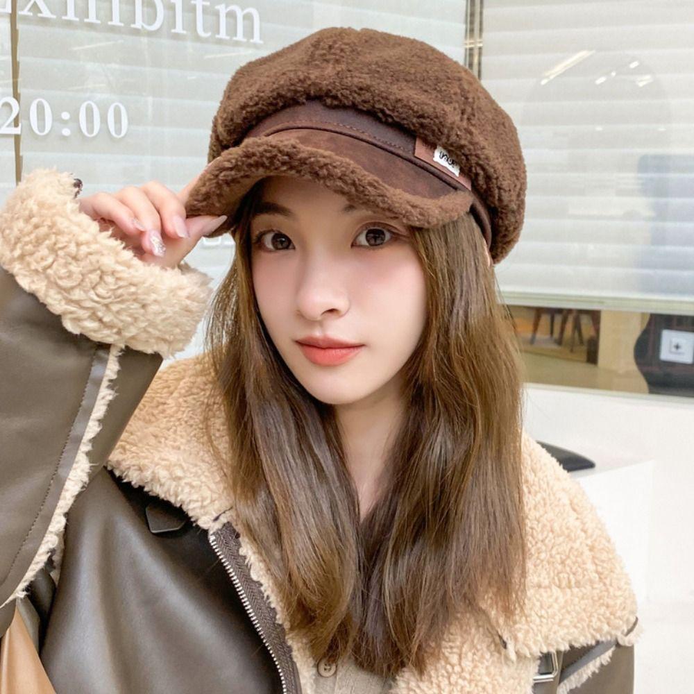 Утепленная зимняя шляпа художника Харадзюку плюшевая восьмиугольная кепка простая кепка с козырьком из овчины для женщин