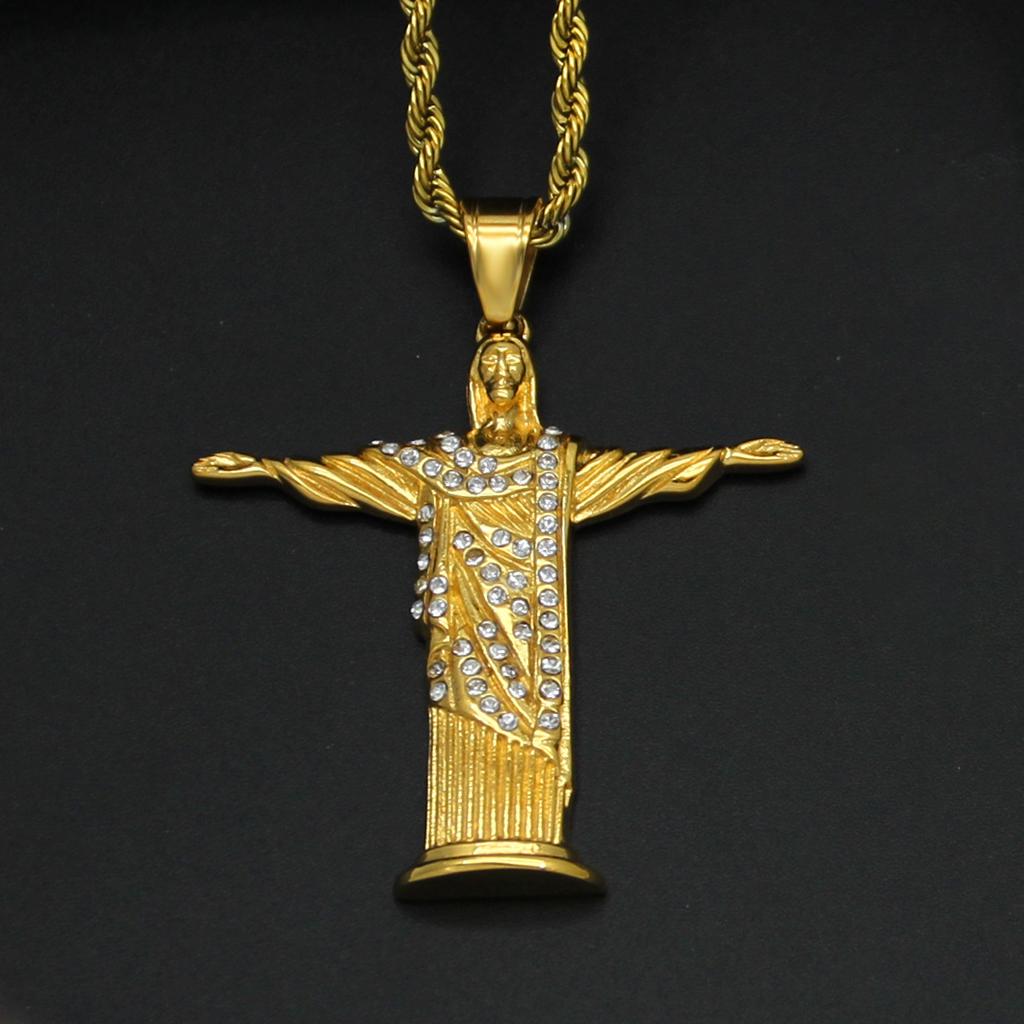 Christian Jesus Cross Rhinestone Necklace for Women Men Stainless Steel Choker Religion Pendants Jewelry Prayer Baptism Gifts