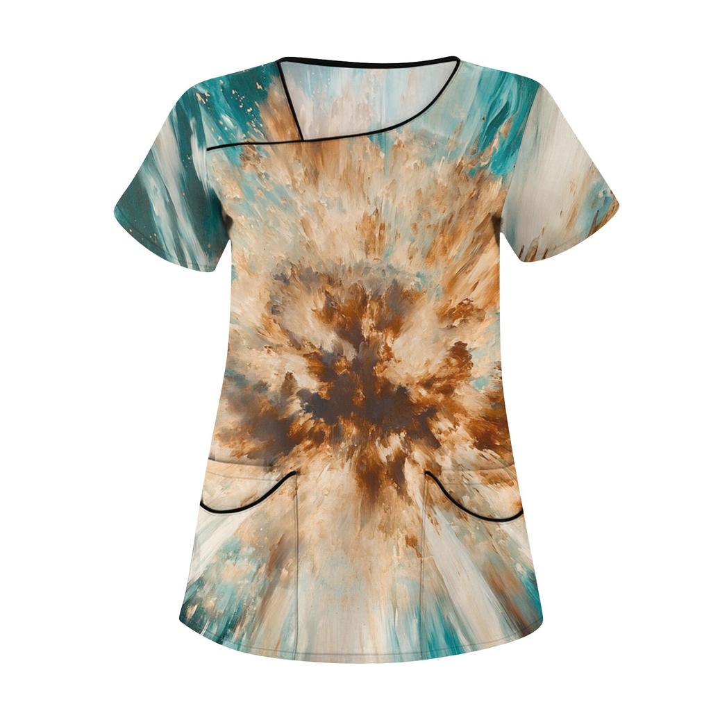 Женская повседневная рабочая одежда с короткими рукавами и наклонным воротником с принтом и двойными карманами