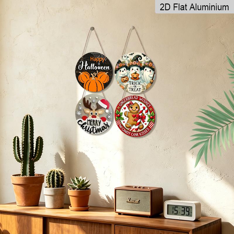 2D Flat, 4pcs Round Aluminum Hanging Sign Set, Halloween Christmas Dual Holiday Pumpkin Ghost Reindeer Gingerbread Man Print, Metal Plaque Combo for