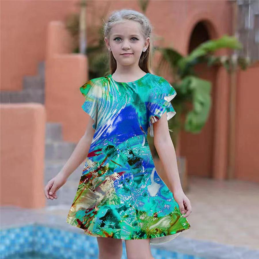 Girls Multi-colored Ice Cubes Print Dresses Kids Girl Party Dress Loose Fitting Loose Fitting Short Sleeved Skirt For Girls Over Four Years Old