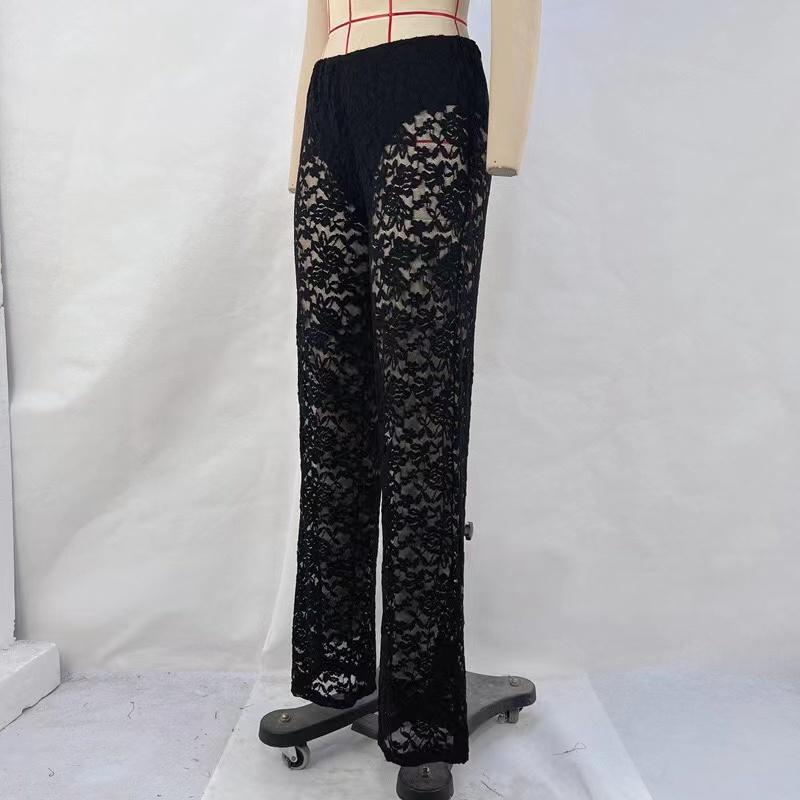 Сексуальные женские прозрачные кружевные брюки, прозрачные готические брюки с высокой талией, широкие брюки-клеш, женские брюки-клеш, клубная уличная одежда