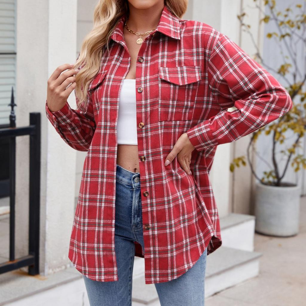 Women's Fashionable Wide Plaid Long Sleeved Loose Button Pocket Shirt Jacket