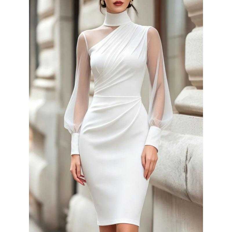 Европейский и американский весенне-летний элегантный темпераментный высококачественный атласный сетчатый пэчворк водолазка облегающее по фигуре вечернее платье