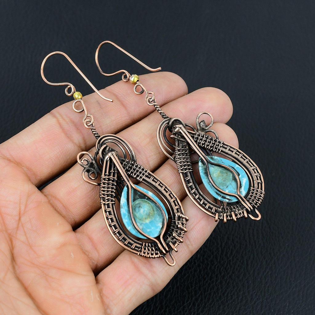 Ларимар драгоценный камень ручной работы серьги из чистой медной проволоки ювелирные изделия на День памяти