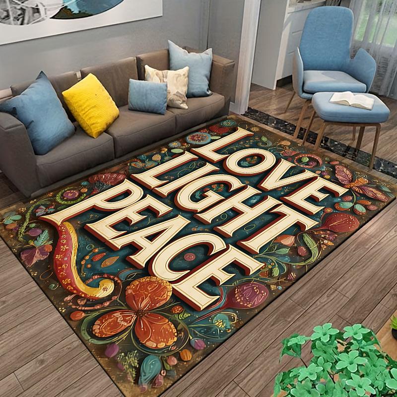 "Love Light Peace Carpet, Colorful Floral Design, Cozy Home Decor" Suitable for use as an anti-slip for living room bedroom sofas