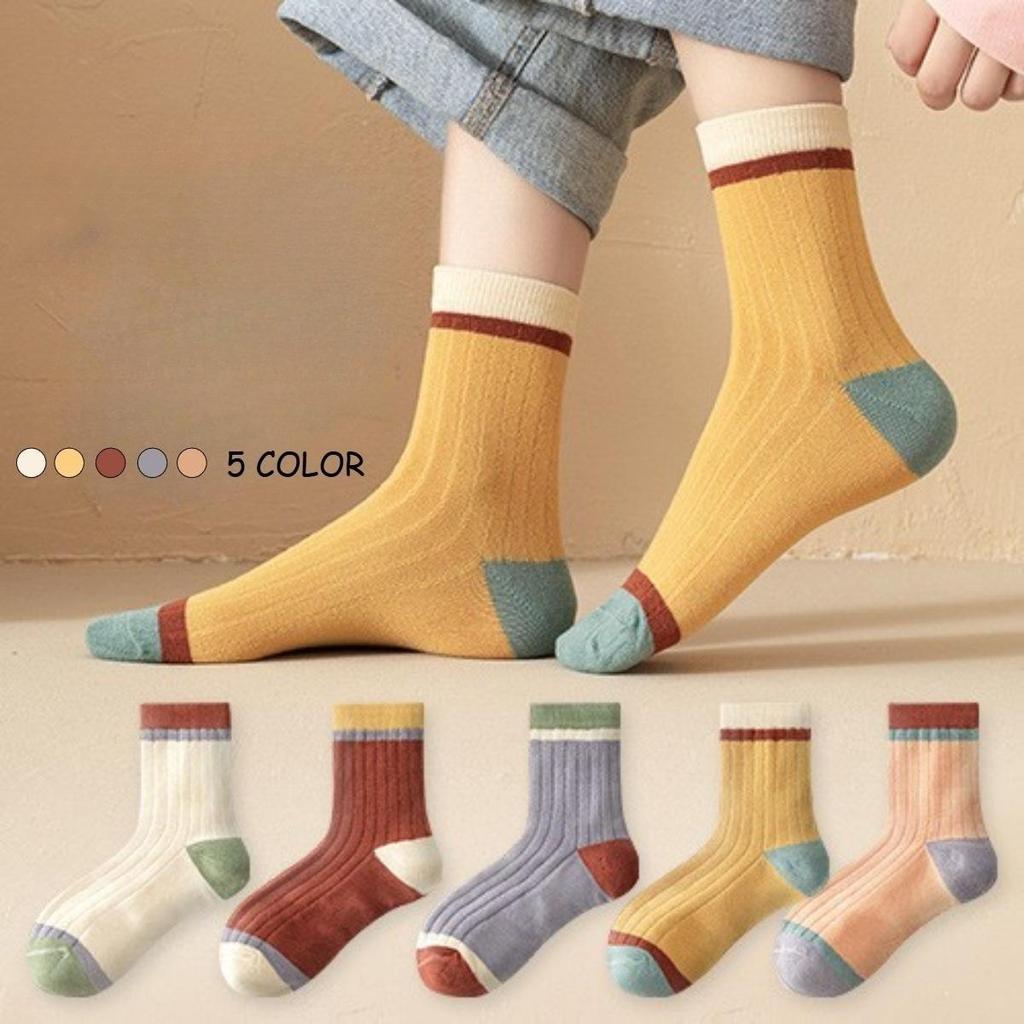 5 Pairs Women Candy Color Splicing Design Socks, Mid-tube Ribbed, Breathable, Sweat-absorbent, High Elastic