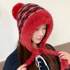 Winter new striped plush ear protection hat women's thickened warm knitted wool hat cute hairball hat women's