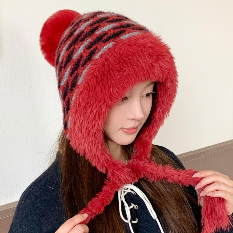 Winter new striped plush ear protection hat women's thickened warm knitted wool hat cute hairball hat women's