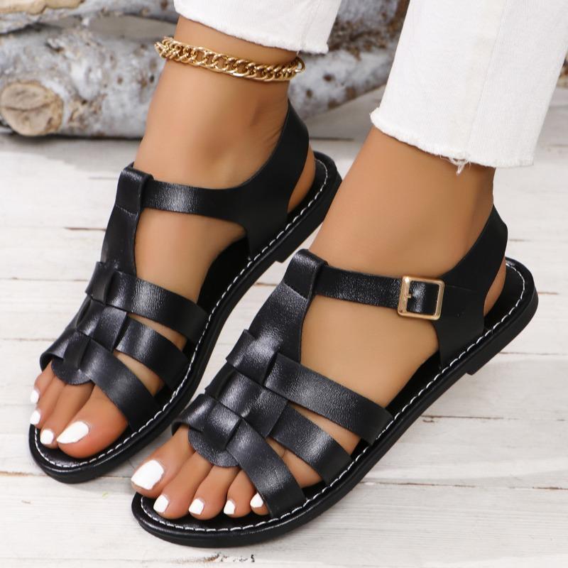 Большие размеры сандалии с пряжкой на ремне и плоским дном, однотонные пляжные сандалии, тапочки