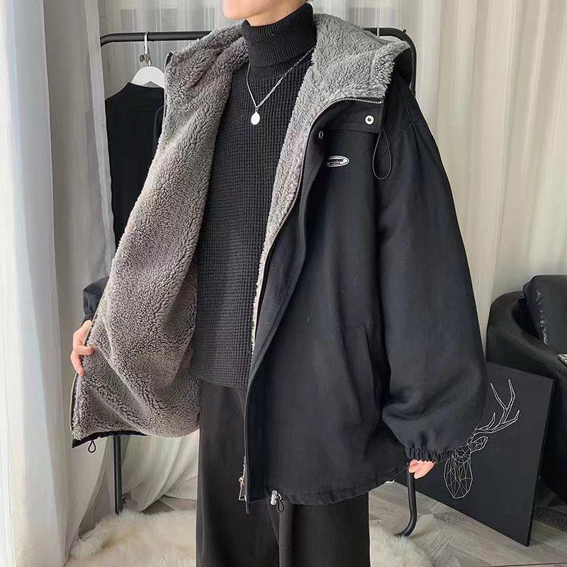Мужское модное зимнее пальто из овчины с капюшоном — свободный крой, плюс бархат, плотное и теплое для пар