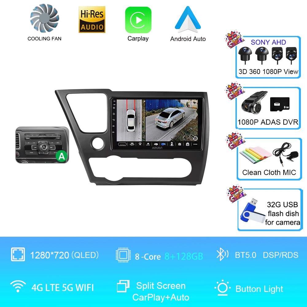 9" QLED 12G 256G Car Radio Android 14 For Honda Civic 9 2013 - 2016 Stereo Wireless Carplay Auto Navigation GPS Multimedia Playe