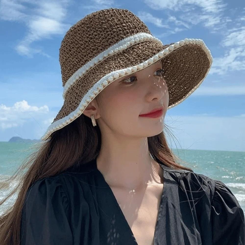 Breathable Straw Fisherman Hat Foldable Hollow Beach Cap Korean Style Bucket Hat for Spring Summer