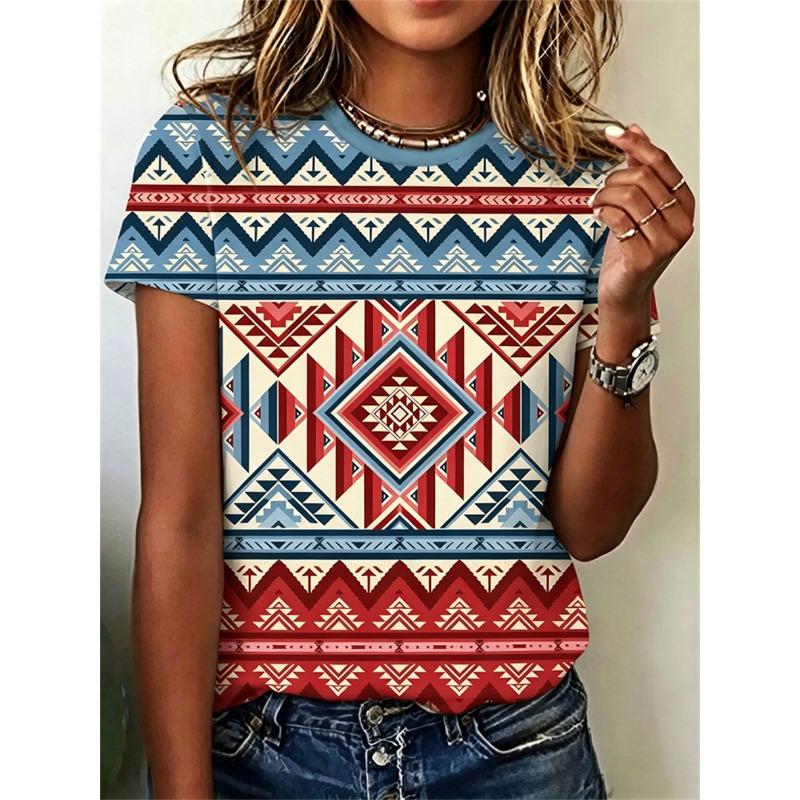 T-Shirt Women's Ethnic Geometric Retro Short Sleeve T-Shirt 1 Piece