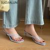 Fashion SUOJIALUN 2025 Summer New Women Slipper Fashion Narrow Band Women Slides Thin High Heel Outdoor Dress Gladiator Sandal Pumps Sho