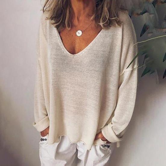 Женская футболка с V-образным вырезом и длинным рукавом, свободная футболка, однотонная, дышащая, повседневная, пуловер, топы, повседневная одежда