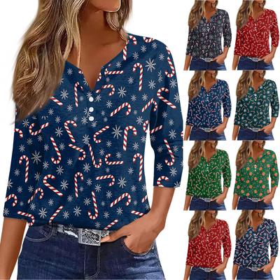 Жен. Футболка Футболка С принтом Пуговицы Рукав 3/4Ежедневно Выходные Мода Классический Топ с v-образным вырезом Обычный