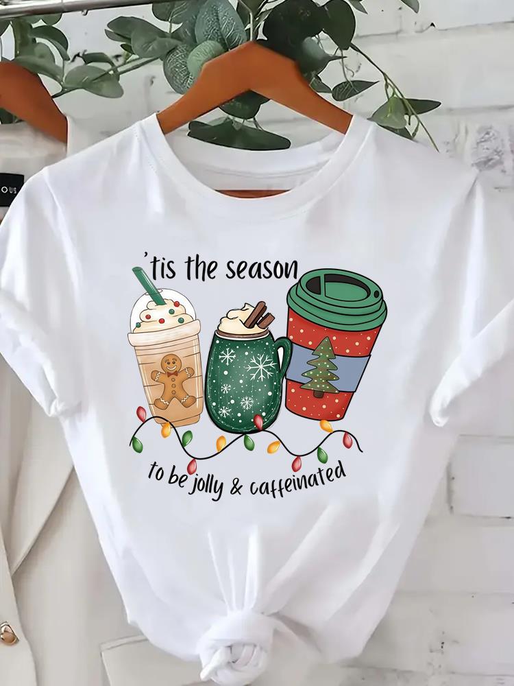 (Asian Size) Tree Lovely Style Cute New Year Tee Merry Christmas Festival O-neck Clothing Women's Top T Print Fashion Ladies Graphic T-shirts