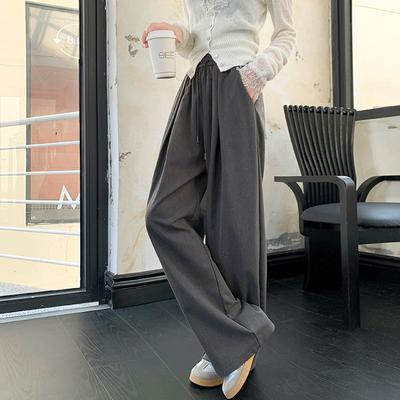 Серые тисненые широкие брюки для женщин с завязками на резинке, свободные прямые брюки для повседневного ношения