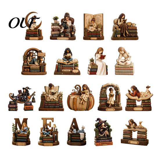 Unique Presents for Book Lovers Wooden Reading Girl Figurine Lovers, Personalized Desktop Bookshelf Decor with Bookworm Accessories Desk Stacked