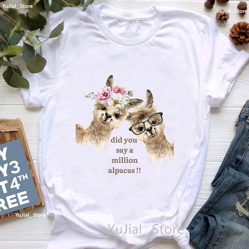 Kawaii Alpaca With Flowers And Coffee Print T Shirt Girls Summer Short Sleeve Tshirt Femme Fashion Tops Tee Shirt Female