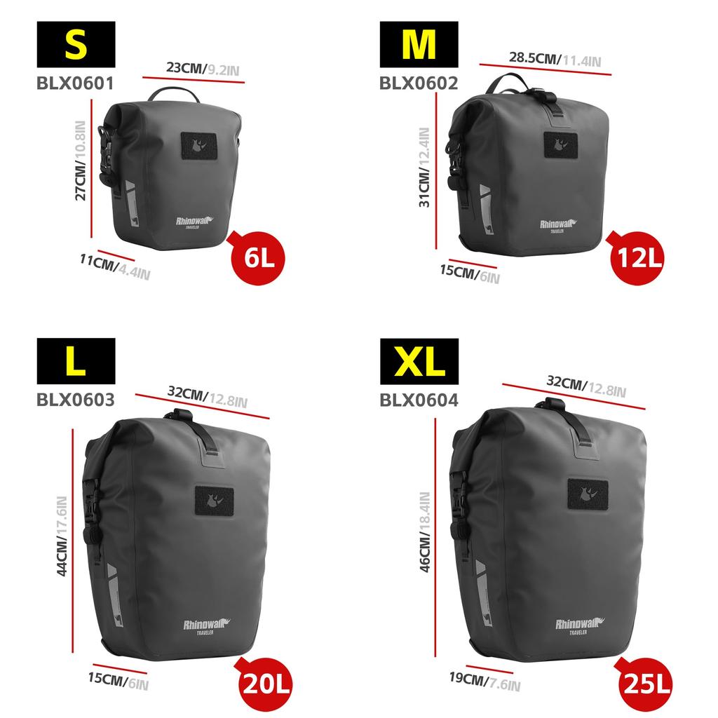 Rhinowalk Waterproof Bicycle Pannier Bag, 6/12/20/25L, Bicycle Rear Seat Bag, Backpack with Shoulder Straps for Touring and Cycling