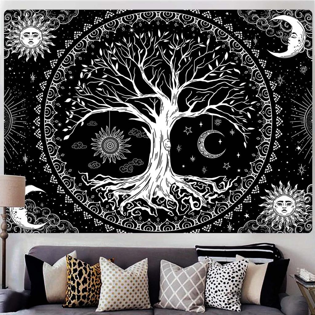 Tree Of Life Tapestry Trippy Mandala Sun And Moon Star Aesthetic Wall Tapestries Psychedelic Kawaii Home Room Decor Beach Towel