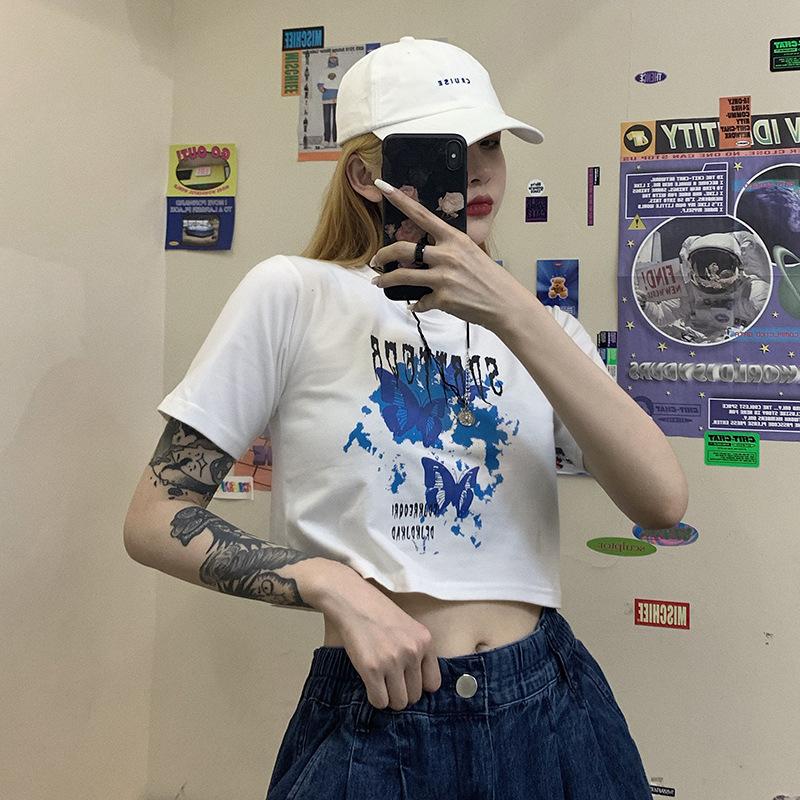 New Summer Korean Version Retro Butterfly Print Short Navel Top Slim Short-sleeved T-shirt for Women