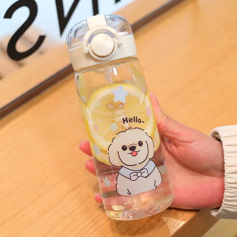 400ml Leak-Proof Water Bottle Cute Dog Cat Print Water Bottle Straw Cup Kids Students Water Bottle Portable for Sports & Fitness