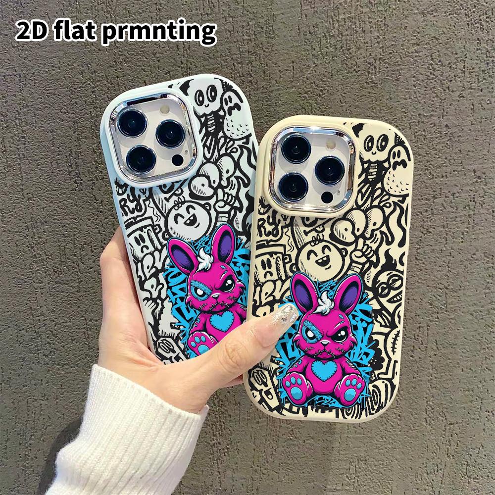 Phone Case: 2D flat design suitable for iPhone 18 17 16 15 14 13 Pro protective case, couple style, patch rabbit, Christmas and Halloween gift