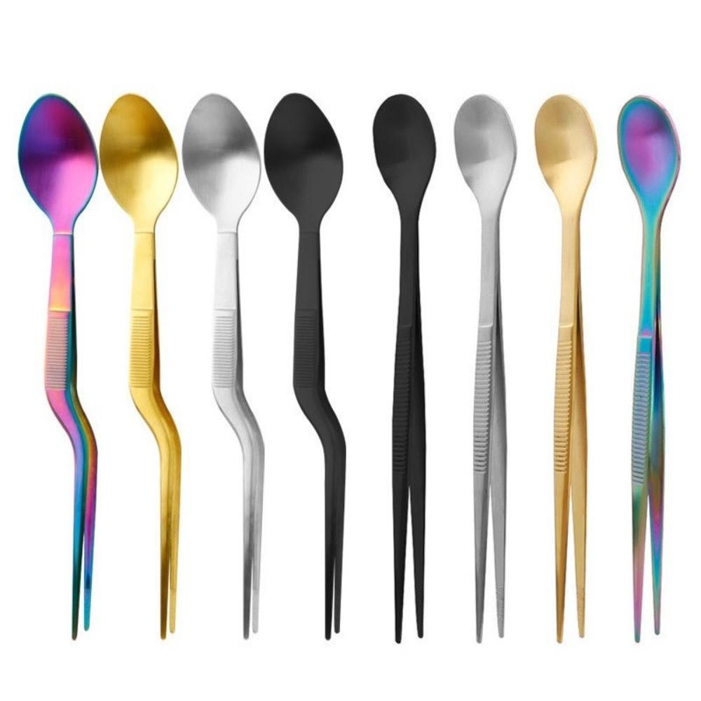 Multi-functional Sauce Spoon Portable Stainless Steel Food Tweezers 2in1 Design Flavor Test Spoon Tweezers Kitchen Utensil