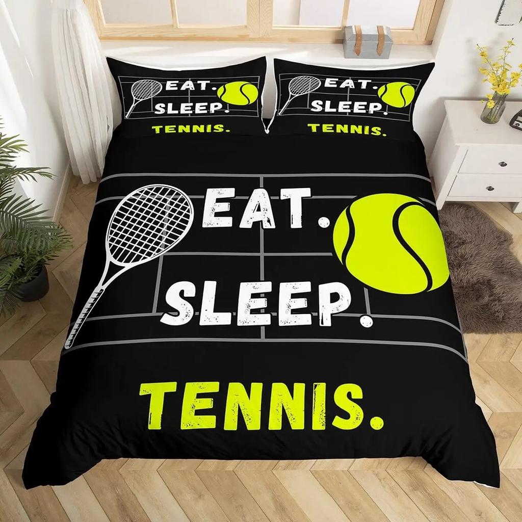 Tennis Bedding Set Full Size Sports Theme Comforter Cover Tennis Lover Duvet Cover Ball Games Yellow Black White Quilt Cover