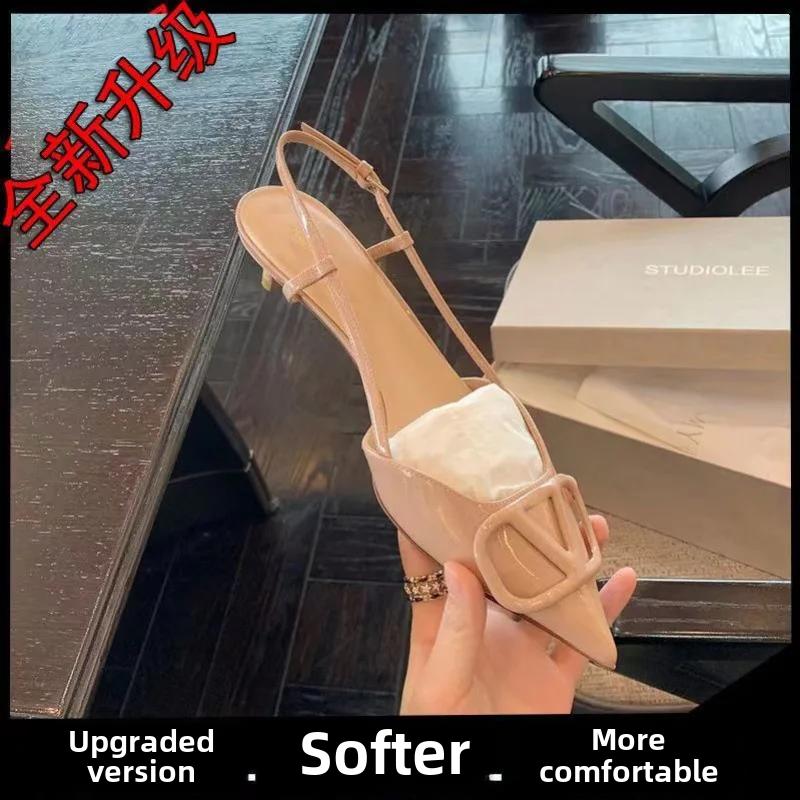 Новые летние туфли на высоком каблуке во французском стиле 42 Fine Track Pointed V Buckle Strap Sandals Black Women Shoes