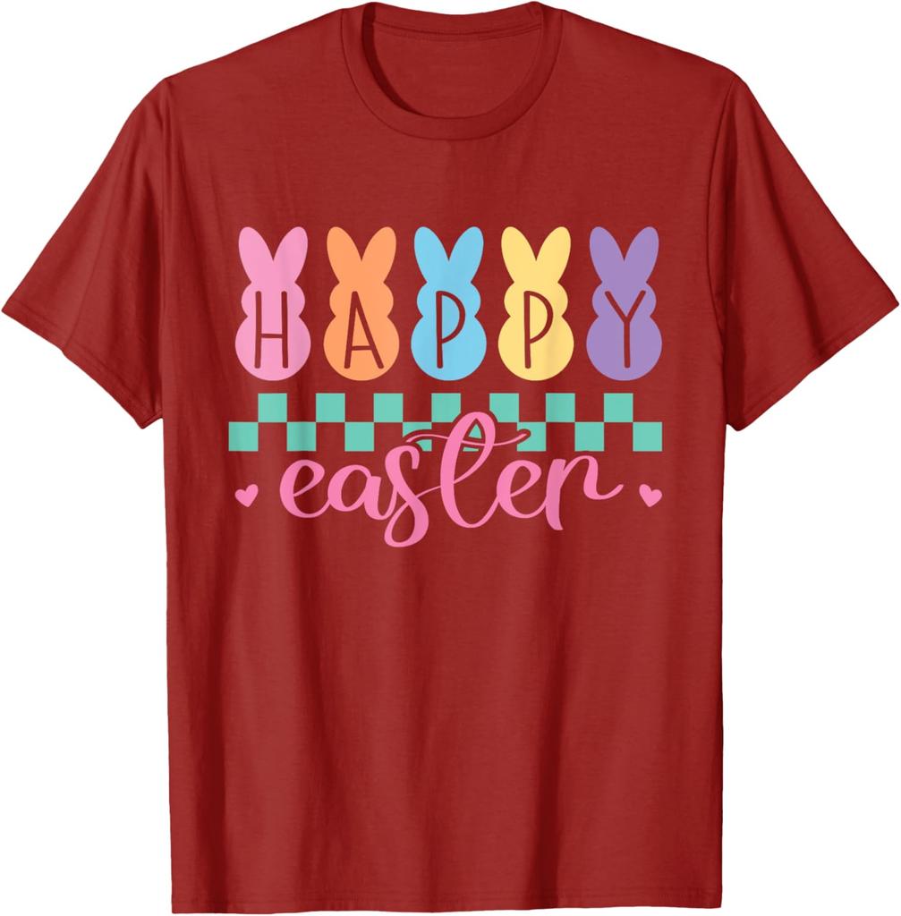 Happy Easter Bunny Graphic Tee Pastel Checkered Print Casual Short Sleeve T-Shirt