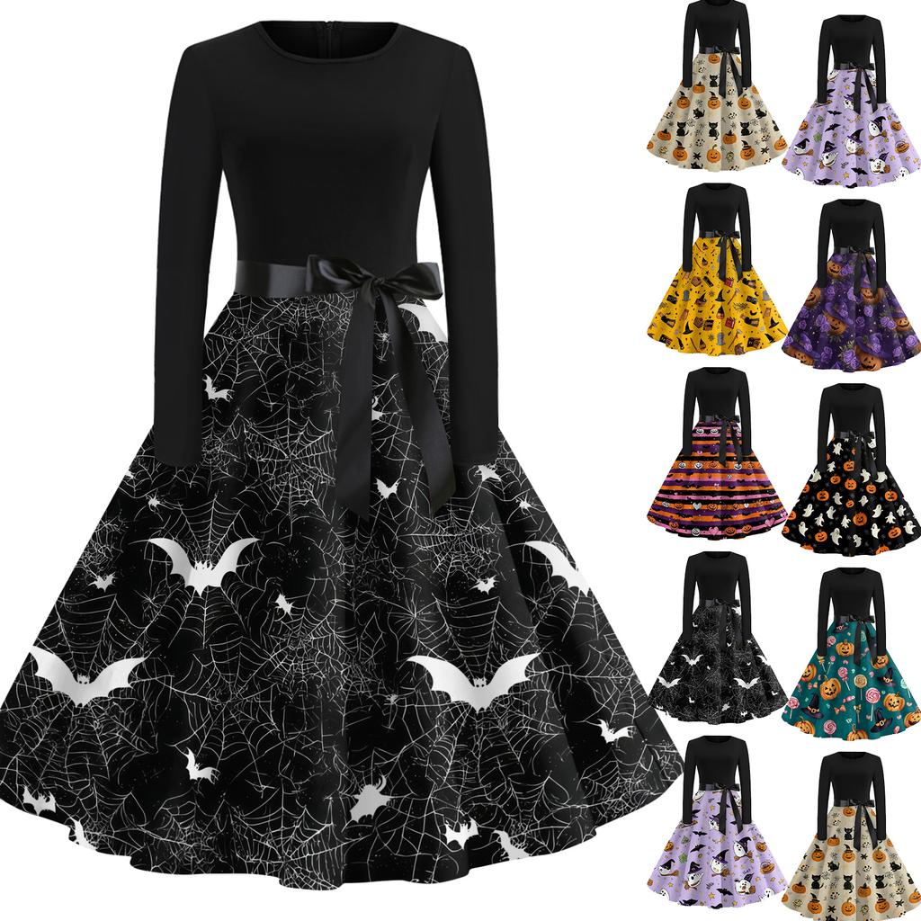 Women's Casual Vintage Halloween Dress Long Sleeve Crew Neck Retro Swing Dress with Spider Web and Bat Print and Waist Tie Belt for Everyday Wear