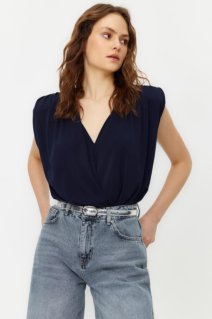 Women's Fashion New Bodysuit Emerald Padded Double Breasted Collar Flexible Snap Fastener Knitted Bodysuit