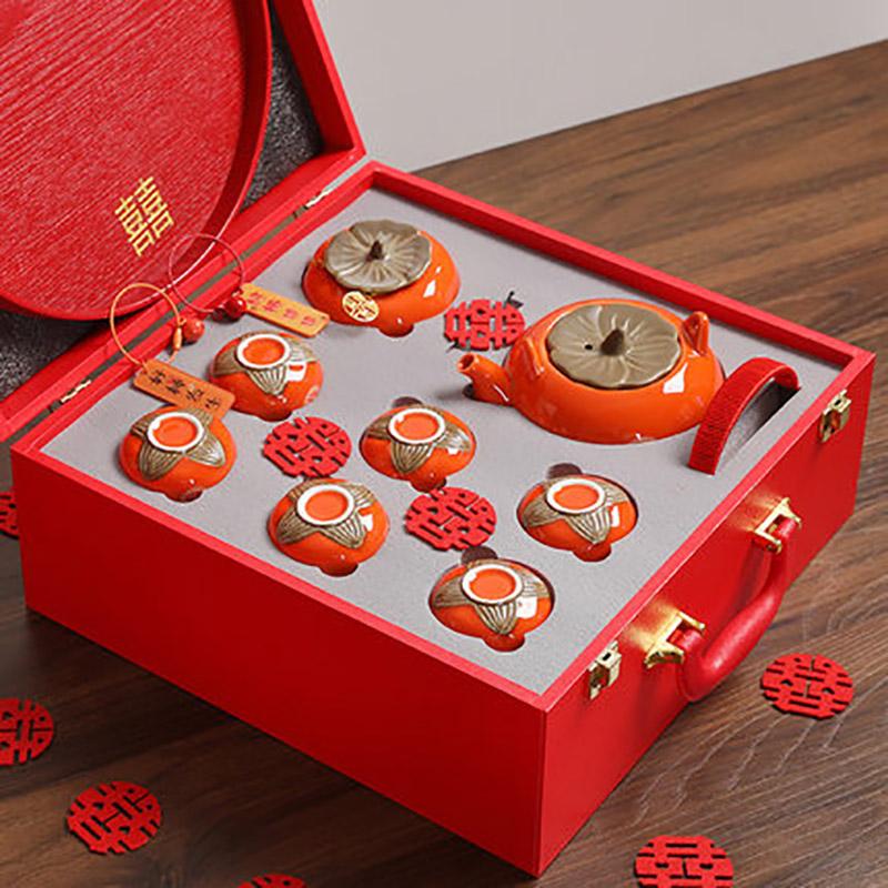 Бытовой чайный сервиз «Двойное счастье», фарфоровый чайник, чайница «Хурма», красная свадьба, контейнер для хранения чая