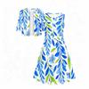 Women Plus Size Two Piece Set Round Neck Sleeveless Flared Dress Short Sleeve Cropped Cardigan Printed Floral Leaf