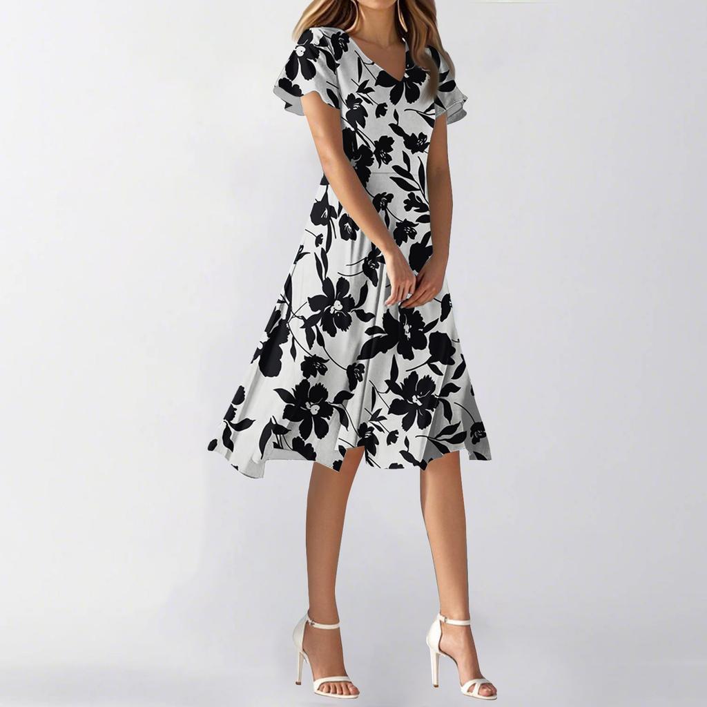 Женское летнее повседневное модное платье с цветочным принтом и V-образным вырезом, короткая юбка с коротким рукавом