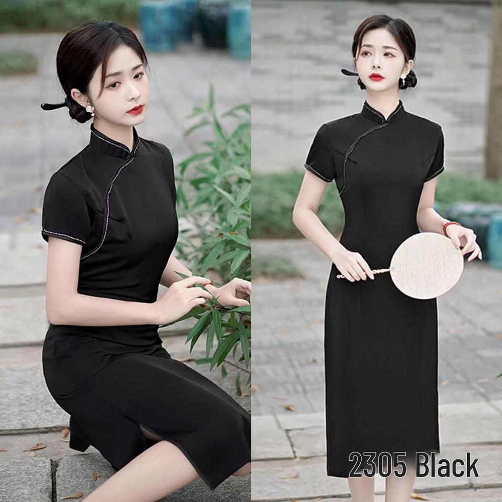 Elegant Slim Cheongsam Dress In Thickened Imitation Silk with Heavy Acetic Acid Satin – Red, Black, Green for Daily or Bridal Wear