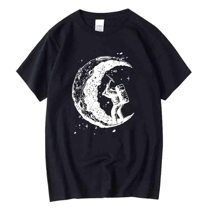 Summer Men's High-quality 100% Cotton Moon Astronaut Print Casual Round Neck Short Sleeved Loose and Soft Street T-shirt